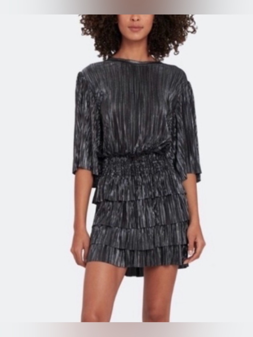 IRO Cuzco Metallic Black Pleated Tiered Mini Dress 36 NEW NWT 🥰 👗
